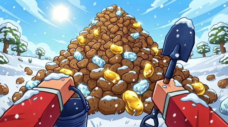 First-person view of the snow-dusted Potato Mountain studded with blue Diamonds and gold nuggets, with a bucket in one hand and a shovel in the other.