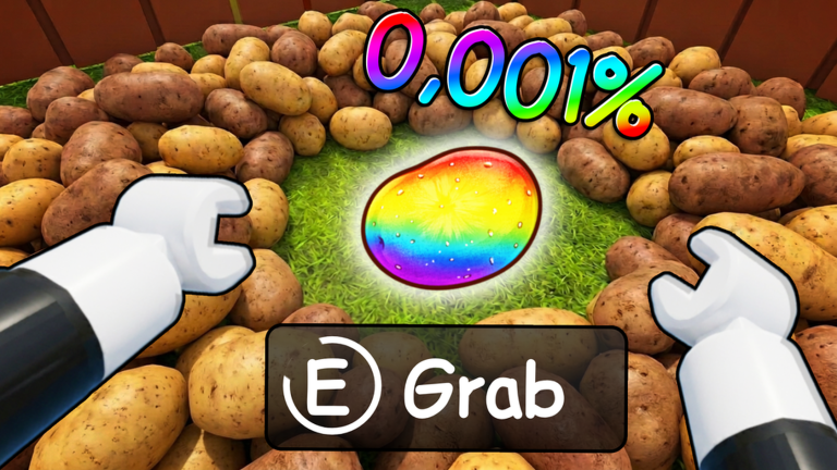 In-game first-person screenshot of a circle of potatoes with a rare rainbow potato in the center and an on-screen Grab prompt.
